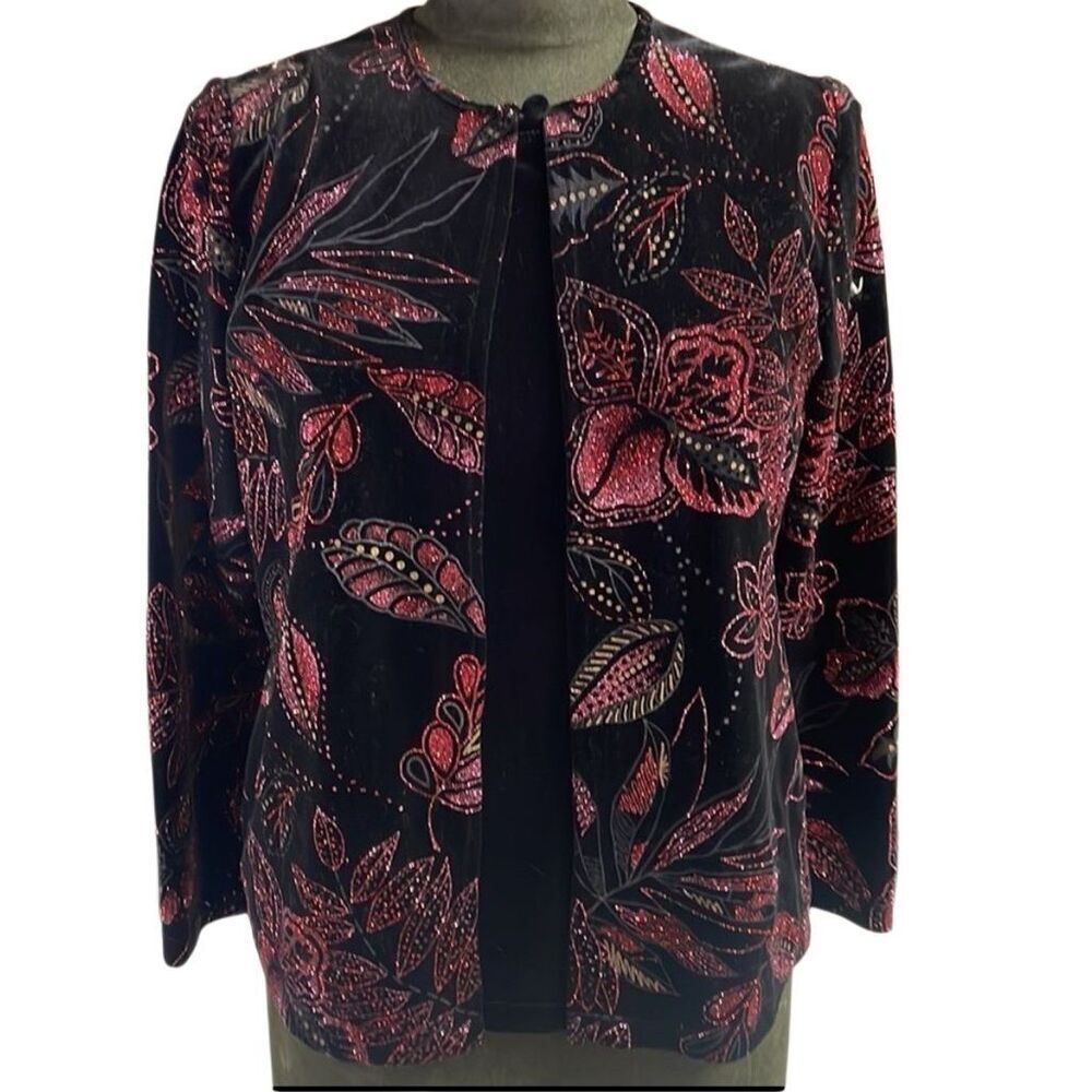 NOTATIONS Womens Velvet Glittery Floral Blouse attached Jacket Sz Petite Medium